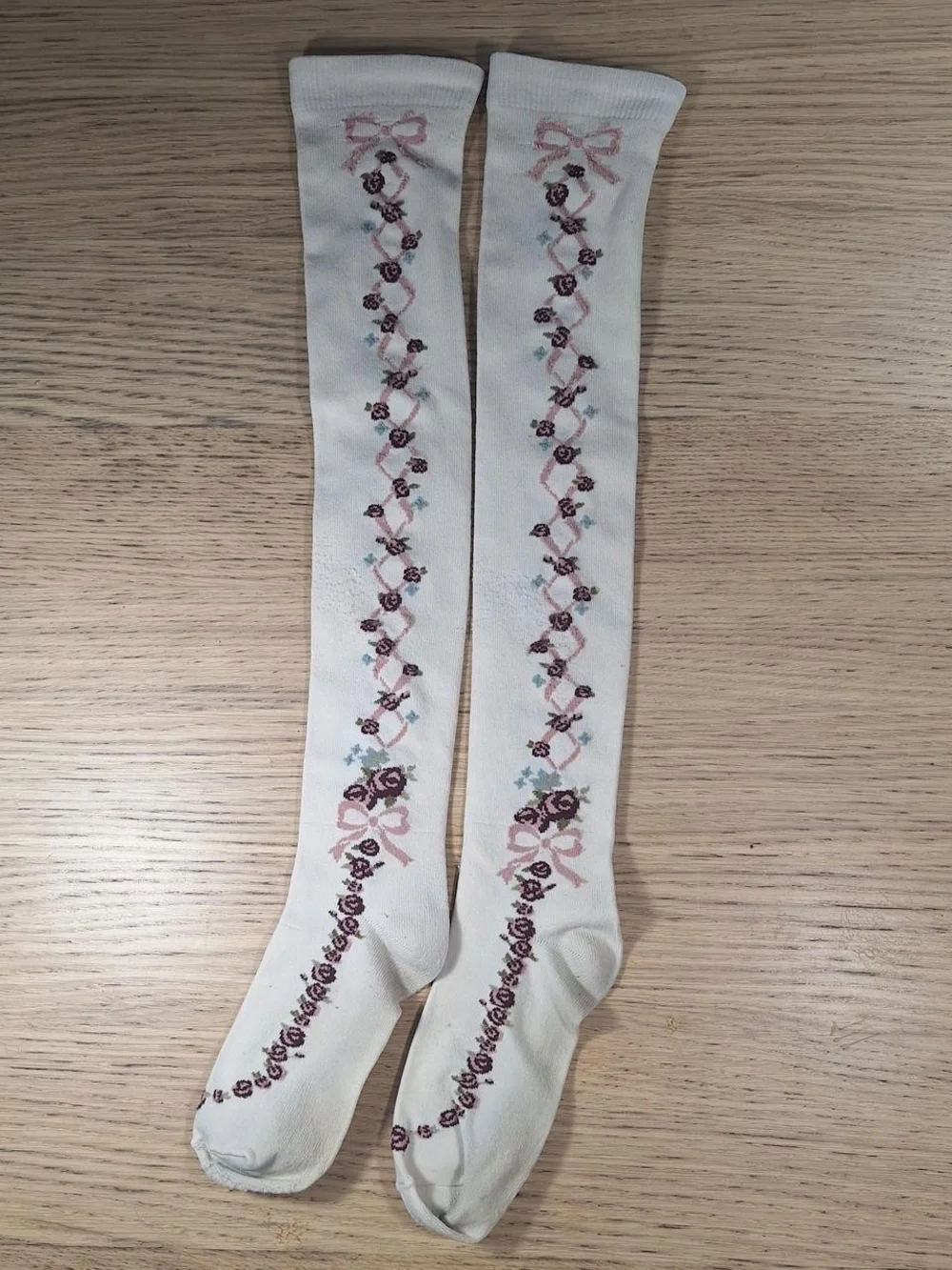 Innocent World Ivory Burgundy Floral Bow OTK Socks | Classic Lolita